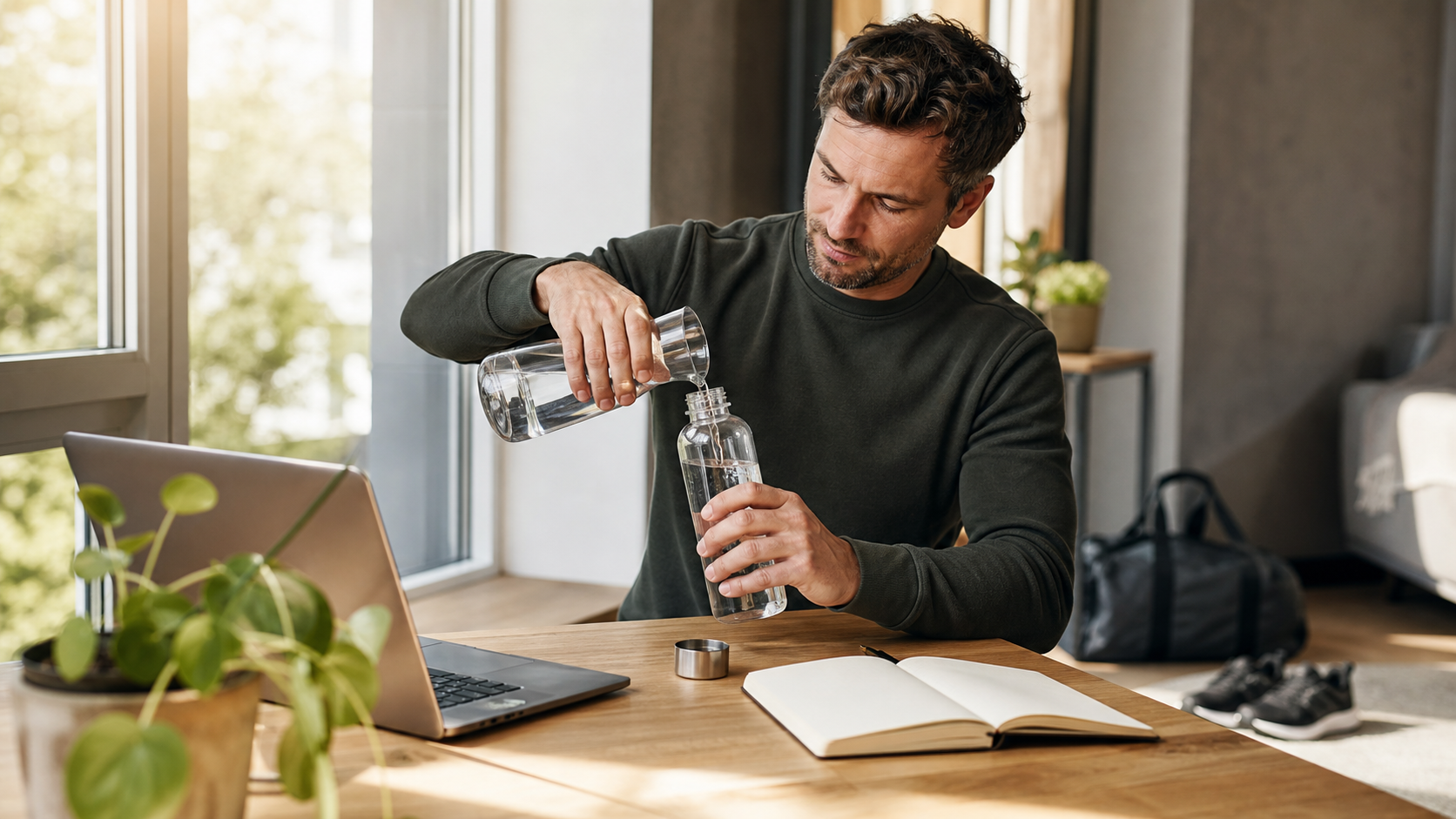 Berufstätiger füllt am Schreibtisch seine wiederverwendbare Wasserflasche