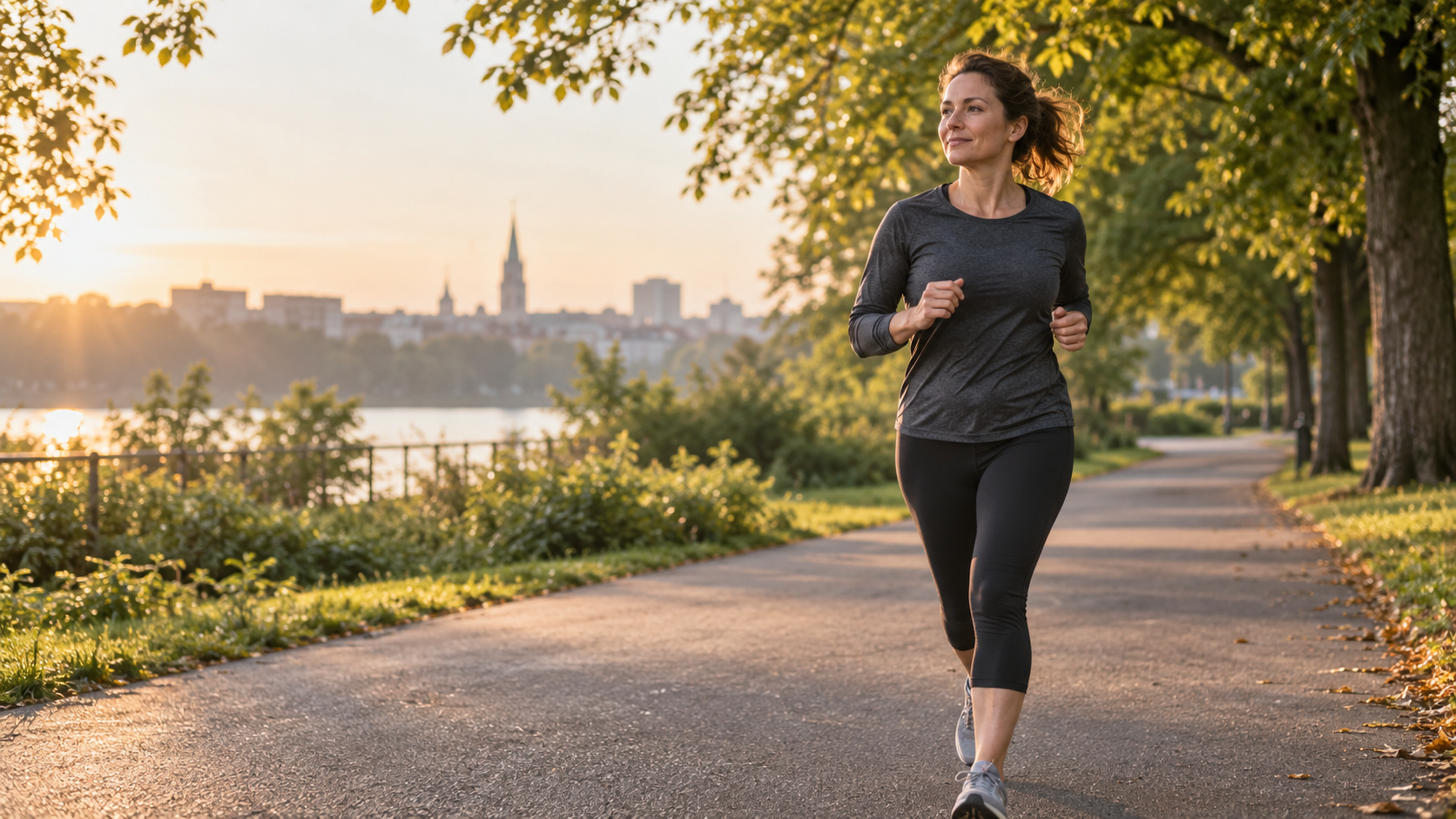 Laufanfängerin joggt entspannt auf einem Parkweg bei warmem Morgenlicht
