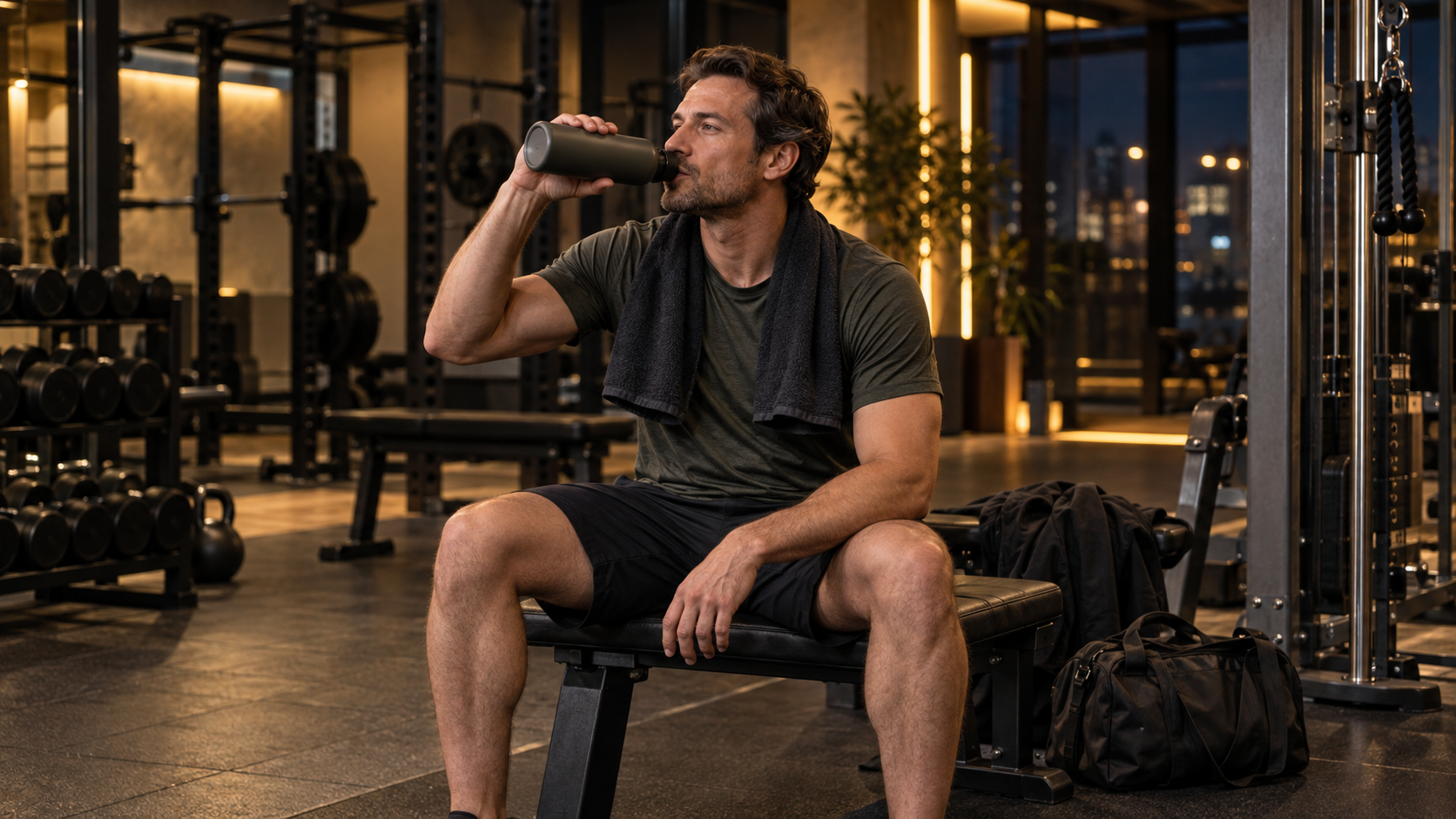 Berufstätiger trinkt nach einer späten moderaten Trainingseinheit in einem warm beleuchteten Studio