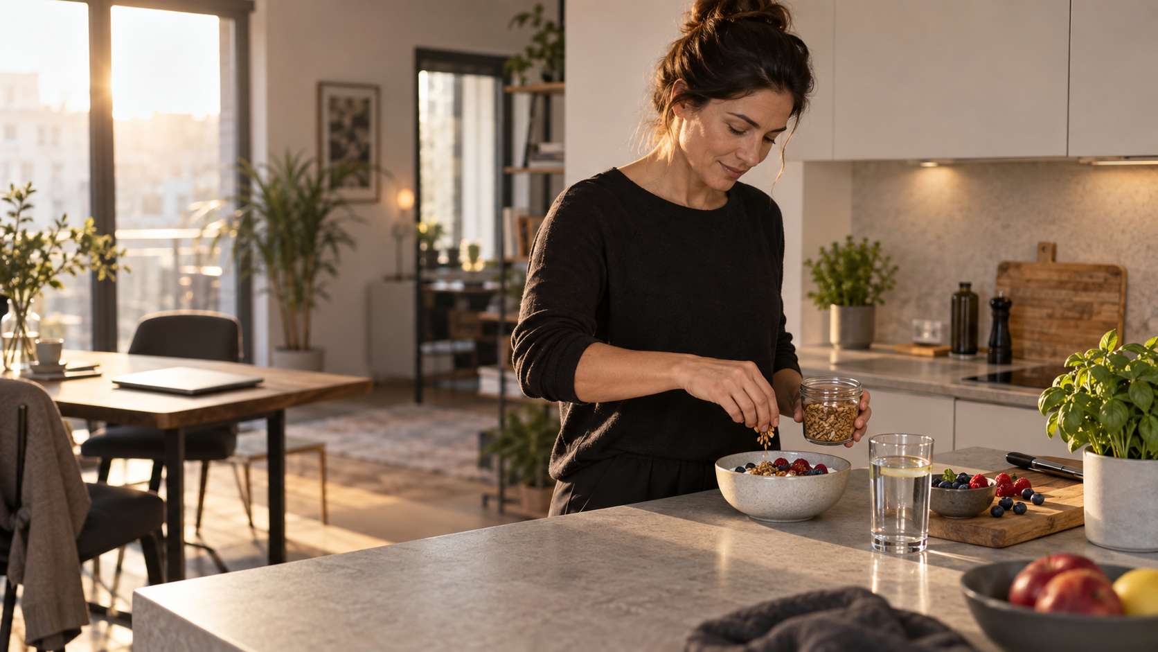 Berufstätige Person bereitet in einer warmen Küche bewusst eine einfache Mahlzeit vor